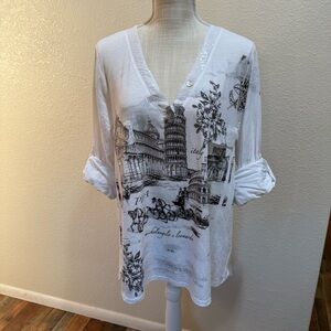 White V-Neck Top with Black Graphic Print by Impulse California - Size XL